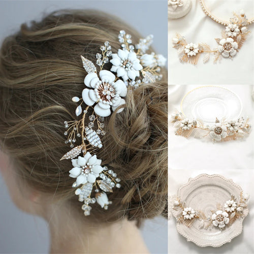 Luxury Leaf Flower Bridal Hair Combs Tiara Headband For Women Bride Party Bridal Wedding Hair Accessories Jewelry Comb Headband