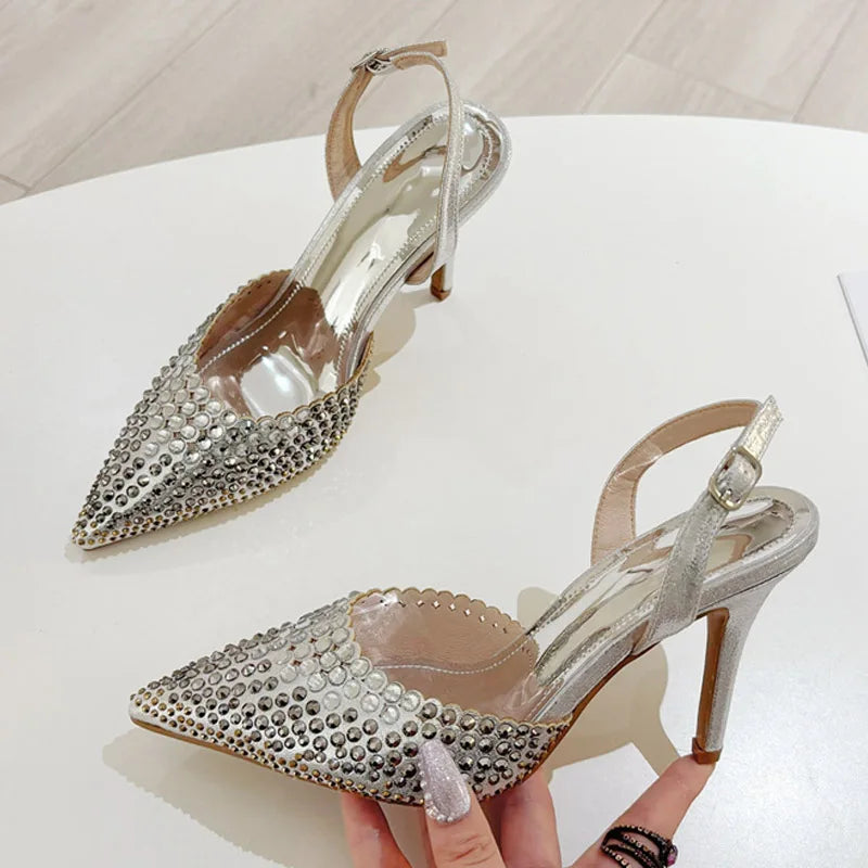 Sexy Slingback Shoes Women Pumps Crystal Rhinestone Pointed Toe Back Buckle Strap Black High Heels Mules Sandals Female - EUFASHIONBAGS