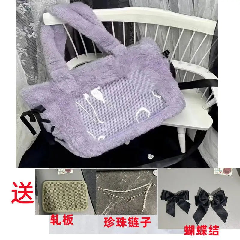 Plush Bow Purple Handbag Purse Women Sweet Japanese Transparent Ita Bag Girls Kawaii Shoulder Crossbody Bag Aesthetic - EUFASHIONBAGS