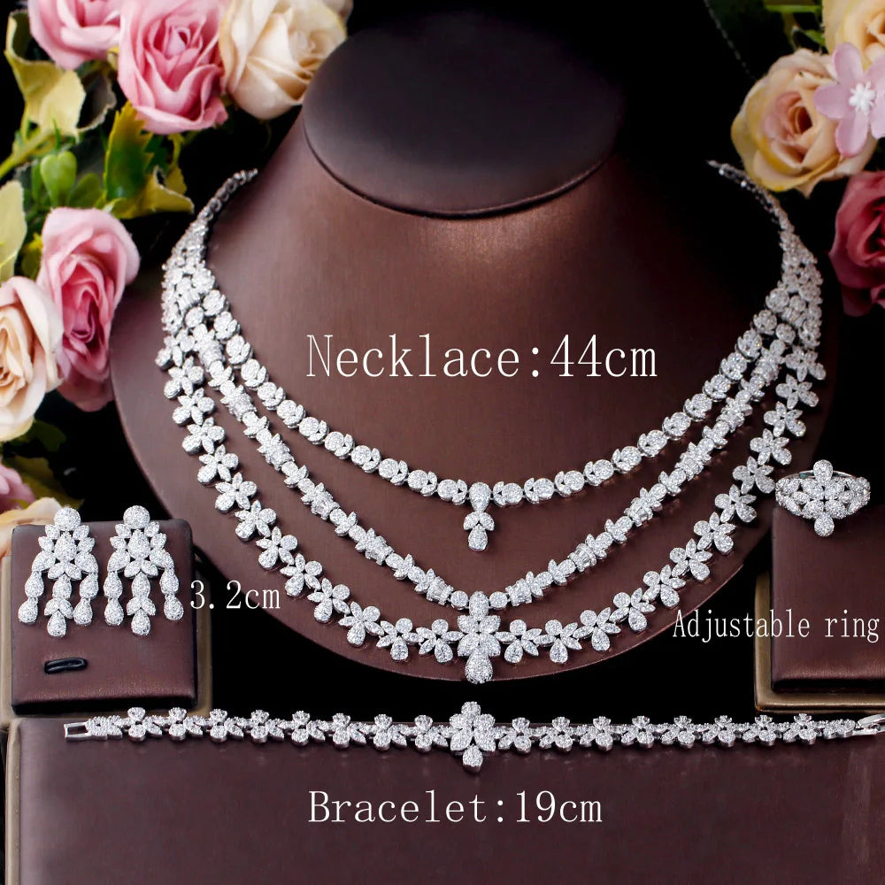 4pcs Full Luxury Multi Layered Triple Big Necklace Dubai Nigerian Heavy CZ Wedding Jewelry Sets for Brides