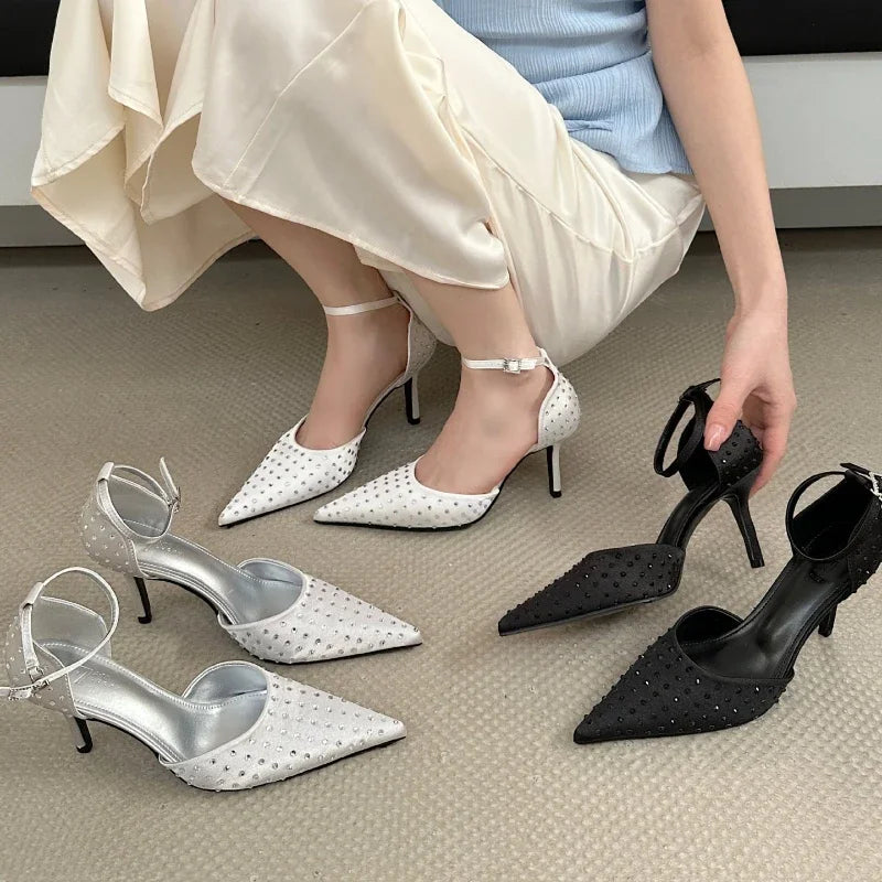 New 2025 Pointed Toe Thin High Heels Women Rhinestones Ankle Strap Dress Shoes Hollow Elegant Designer Sandals Ladies Pumps