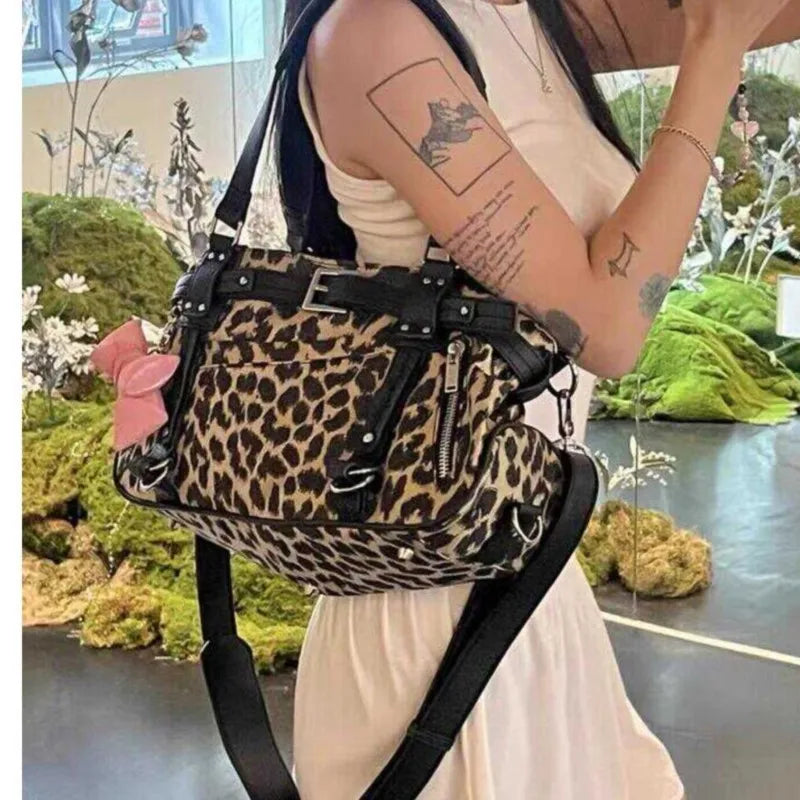 Leopard Print Y2k Shoulder Bags Women Hot Girls Nylon Cute Handbag Vintage Tote Underarm Bag Aesthetic