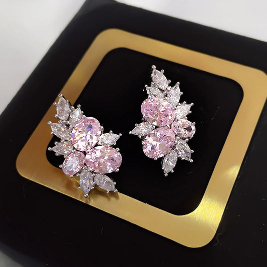 Pink Cubic Zirconia Stud Earrings Women Temperament Sweet Ear Accessories Daily Wear Luxury Trendy Female Jewelry Gift - EUFASHIONBAGS