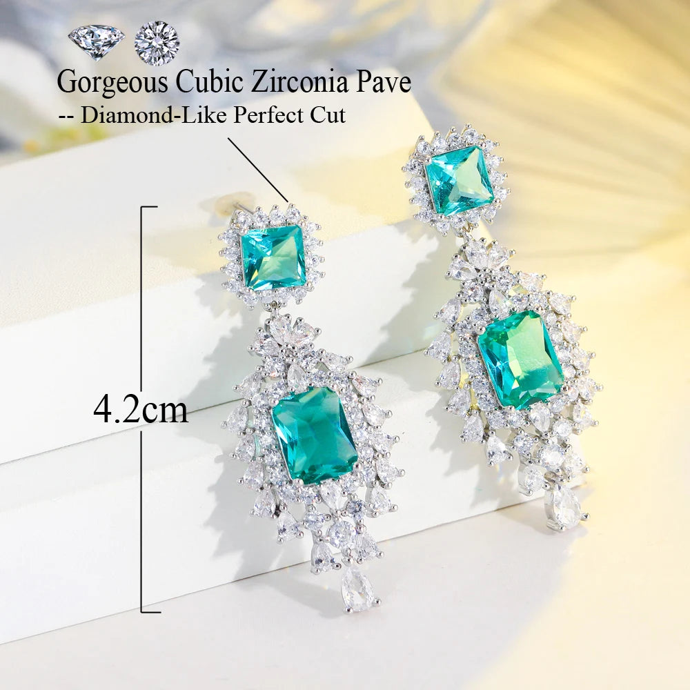 Light Green Cubic Zirconia Crystal Water Droplets Long Dangle Women Engagement Party Earrings Jewelry Accessory - EUFASHIONBAGS