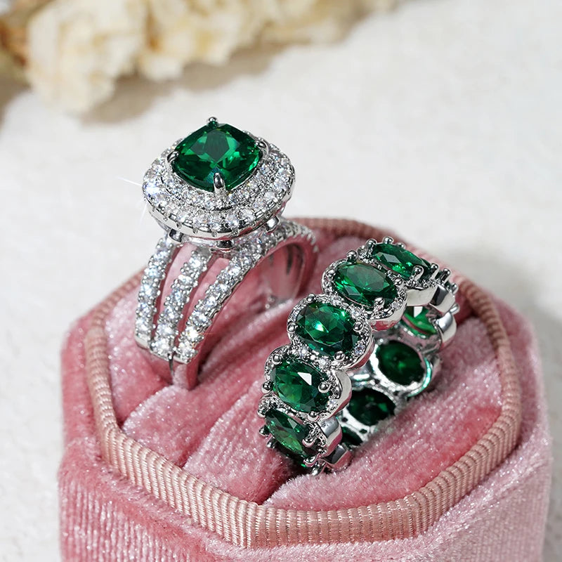 2Pcs Wedding Rings for Women White/Pink/Green/Black Cubic Zirconia Set Rings Luxury Trendy Engagement Jewelry - EUFASHIONBAGS