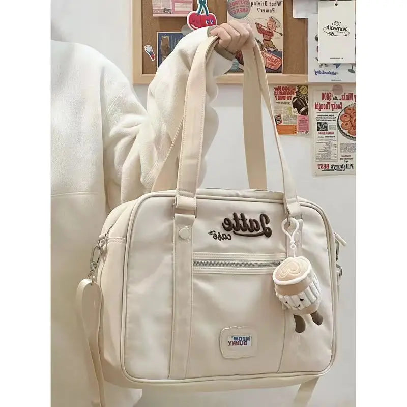 Vintage Casual Canvas Shoulder Bag Women Harajuku Aesthetic Zipper White Handbag Tote Bag Retro Crossbody Bags