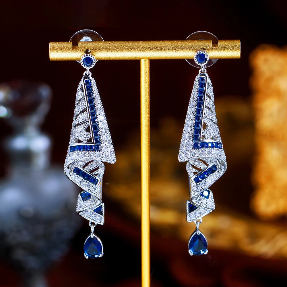 Geometric Chunky Cubic Zirconia Long Water Drop Royal Blue Dangle Earrings for Women Festival Party Accesories - EUFASHIONBAGS