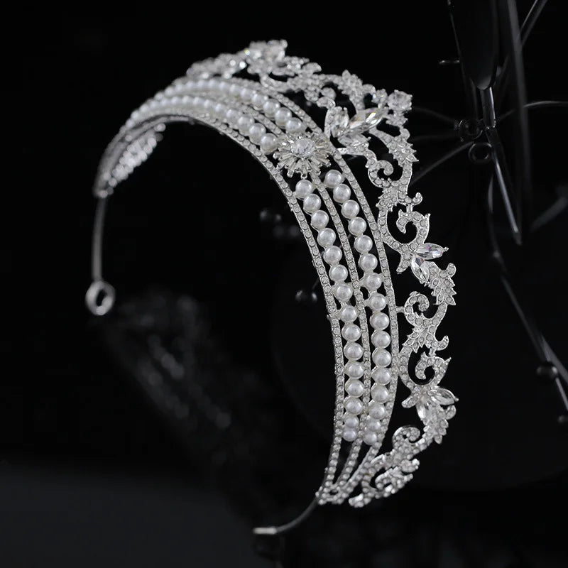 Luxury Silver Color Crystal Pearls Bridal Tiaras Crown Rhinestone Pageant Diadem Baroque Leaf Headbands Wedding Hair Accessories - EUFASHIONBAGS