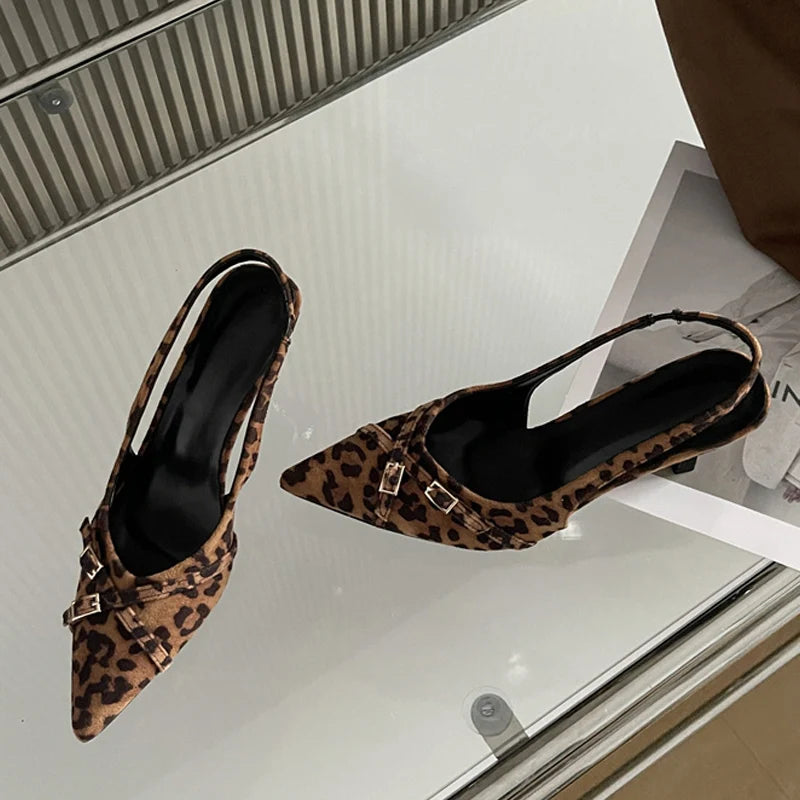 Sexy Leopard Print Pointed Toe Stiletto Sandal  Narrow Band Buckle Strap Women Slingback High Heels Mules Shoe Pumps