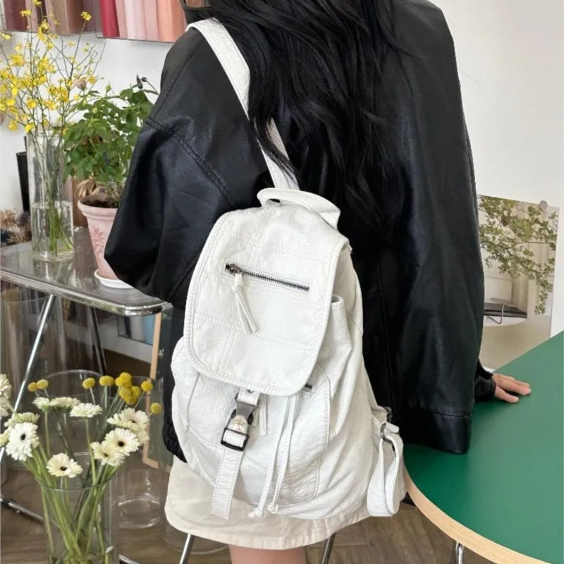 Hot Girls White Backpacks Women New Leather Zipper Soft Chic Casual Y2k Backpack Harajuku Retro Mochila Aesthetic