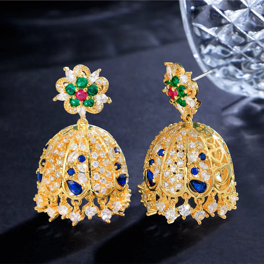 Bling Ethnic Hollow Bell Drop Dangle Chandelier Wedding Party Earrings for Women Indian Gold Plated CZ Jewelry - EUFASHIONBAGS