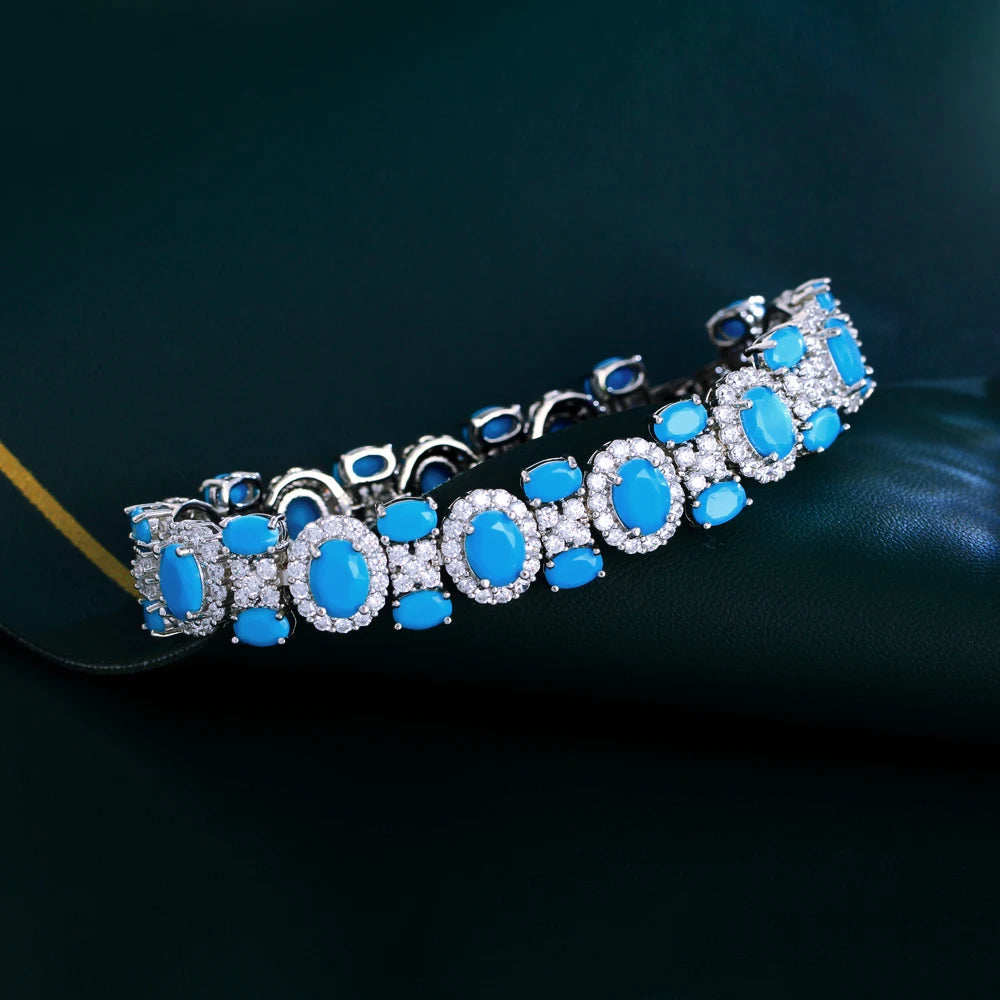 Luxury Chunky Cubic Zirconia and Blue Turquoise Pave Women Daily Party Engagement Wedding Bracelet Jewelry Gift - EUFASHIONBAGS