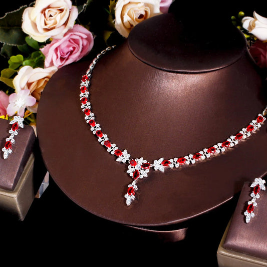 New Style Chic Red CZ Crystal Elegant Women Party Flower Necklace and Earrings Sets for Brides Wedding Jewelry