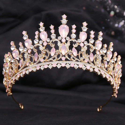 Baroque Gold Color Pink Opal Branch Geometric Wedding Crown Royal Queen Bridal Tiaras Rhinestone Pageant Diadem Hair Accessories