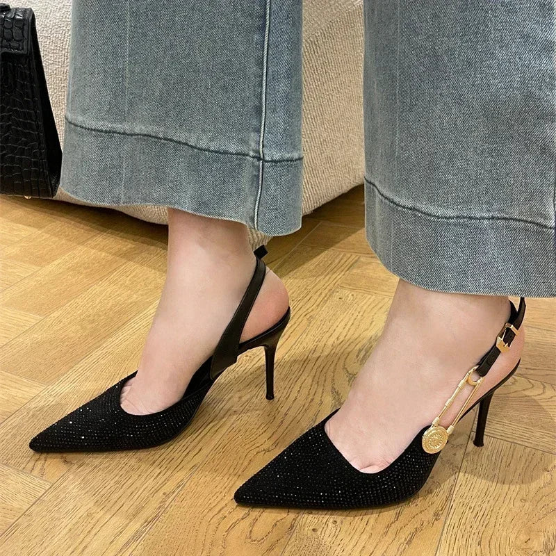 Luxury Rhinestone Sexy Pointed Toe High Heels Women Metal Buckle Shallow Elegant Banquet Party Shoes Mules Pumps Sandals Female