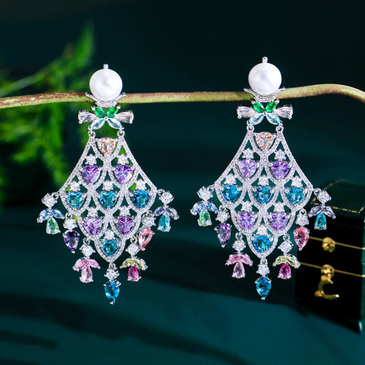 Luxury Chunky Cubic Zirconia Pave Multicolor Large Long Chandelier Drop Dangle Bridal Party Earrings for Women - EUFASHIONBAGS