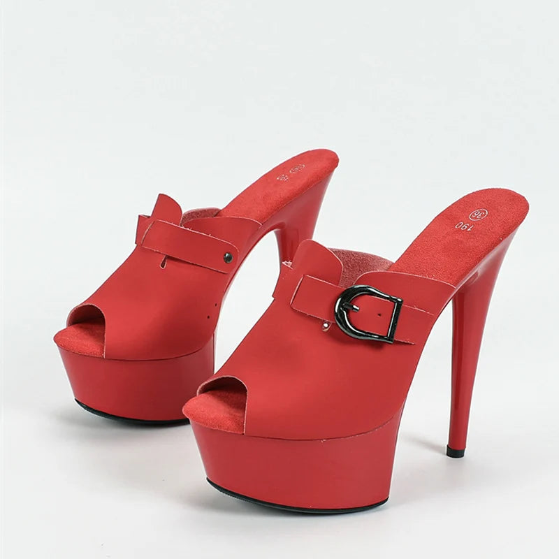 Sexy Red High Heels Platform Slippers Women Sandals Summer Fashion Buckle Strap Peep Toe Party Stripper Shoes Size 34-43