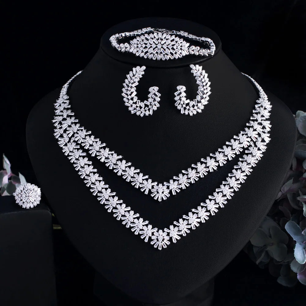 4 Pcs Sparkling Cubic Zirconia Big Two Layered Necklace Wedding Bridal Festive Dubai Jewelry Sets for Women - EUFASHIONBAGS