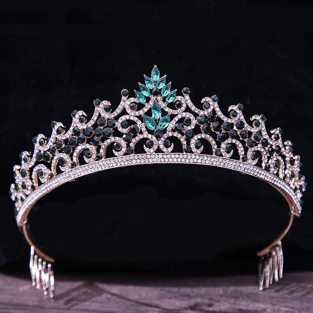 Luxury Green Color Crystal Wedding Crown Bridal Hair Accessories Women Baroque Crown Rhinestones Tiaras Bride Queen Party Crowns - EUFASHIONBAGS