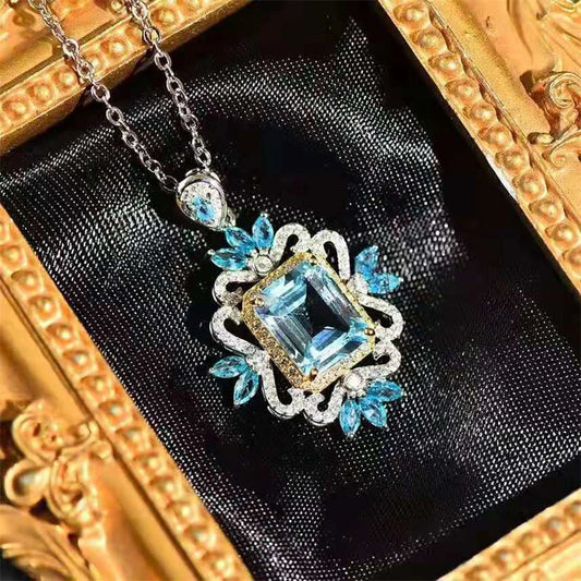 New Creative Design Geometric Shaped Sky Blue CZ Necklace for Women Two Tone Wedding Anniversary Fashion Jewelry - EUFASHIONBAGS