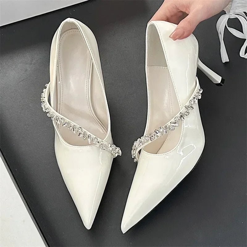 Rhinestone Chain Sexy Thin High Heels Women Pointed Toe Pumps Office Shoes Female Fashion Elegant Dress Shoes Zapatos De Mujer