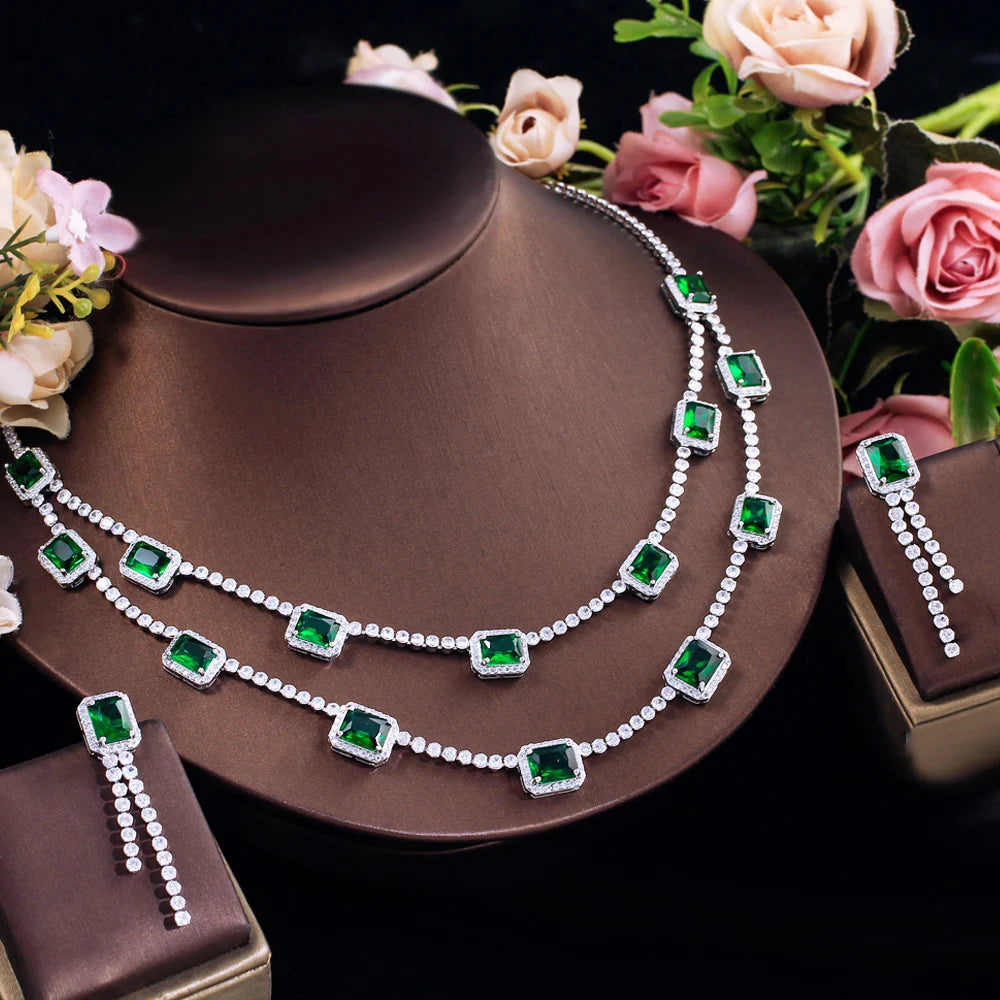 Luxury Green Square Cubic Zircon Double Layered Necklace Earrings Wedding Bridal Jewelry Sets Dress Accessories - EUFASHIONBAGS