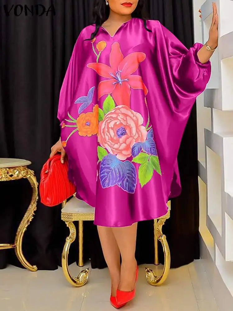 Plus Size 5XL Women Bohemian Sundress 2024 Autumn Floral Printed Elegant Midi Dress 3/4 Bat Sleeve Casual Loose Retro Robe - EUFASHIONBAGS