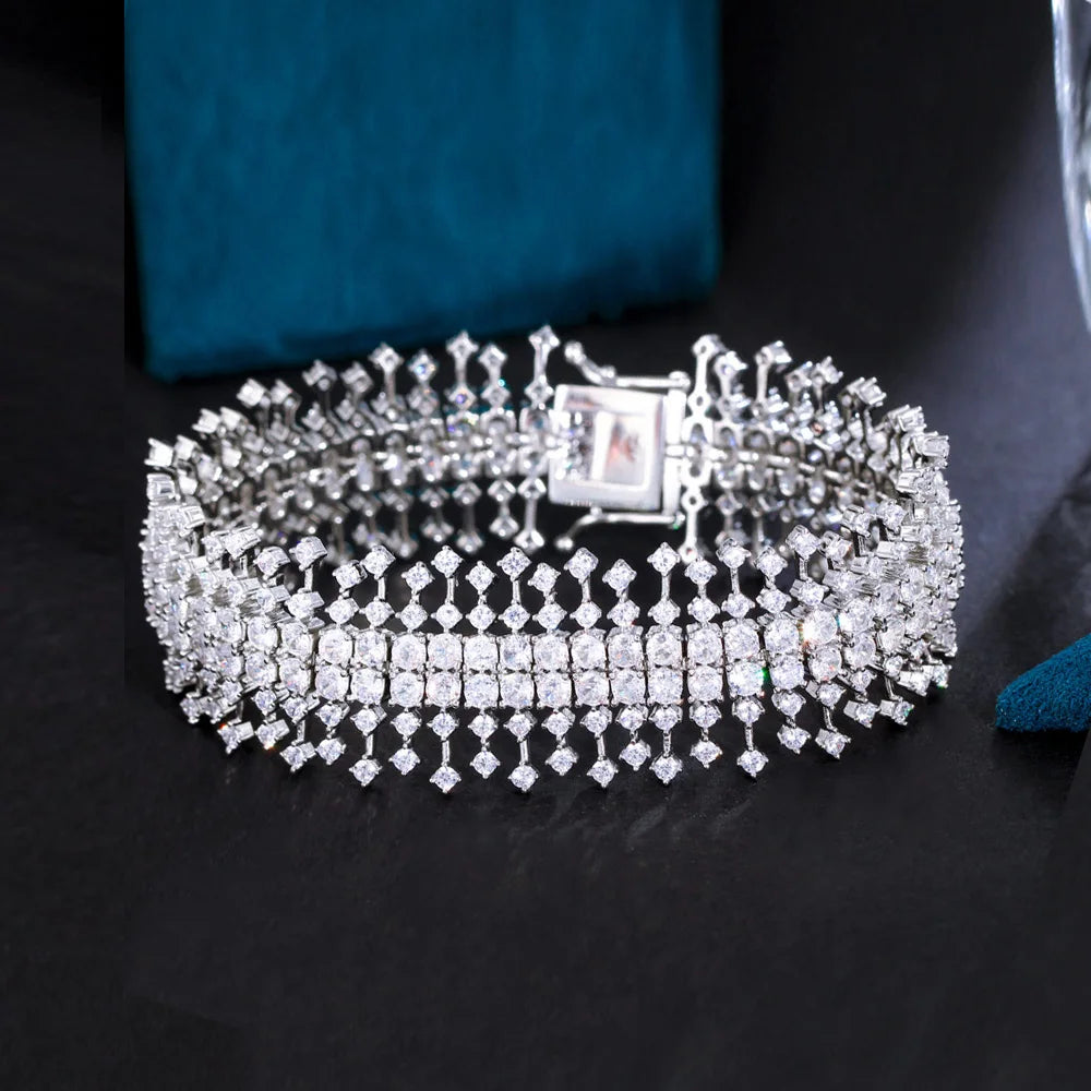 Sparkling 5A Luxury Chunky Full Cubic Zirconia Paved Big Wide Bridal Wedding Banquet Bracelets Jewelry Gift - EUFASHIONBAGS