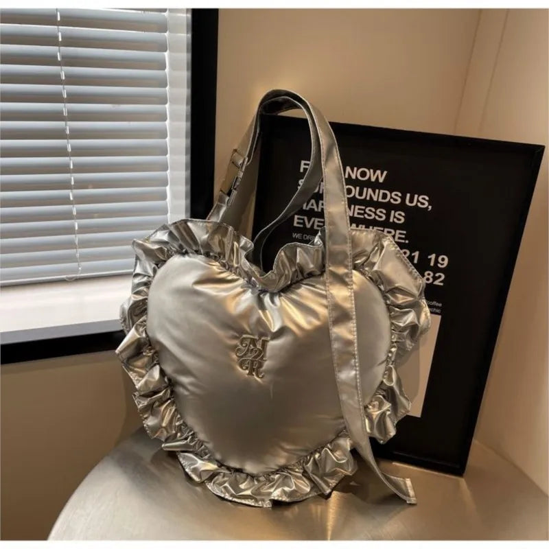 Sweet Cool Heart Silver Y2k Bag Women High Street Pu Leather Soft Chic Handbag Purse Retro Casual Bolso Mujer - EUFASHIONBAGS