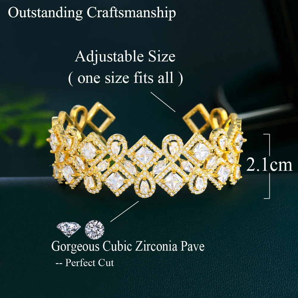 Chunky Statement Square Water Drop Cubic Zirconia Shiny Dubai Gold Plated Big Bridal Wedding Bangle for Women - EUFASHIONBAGS