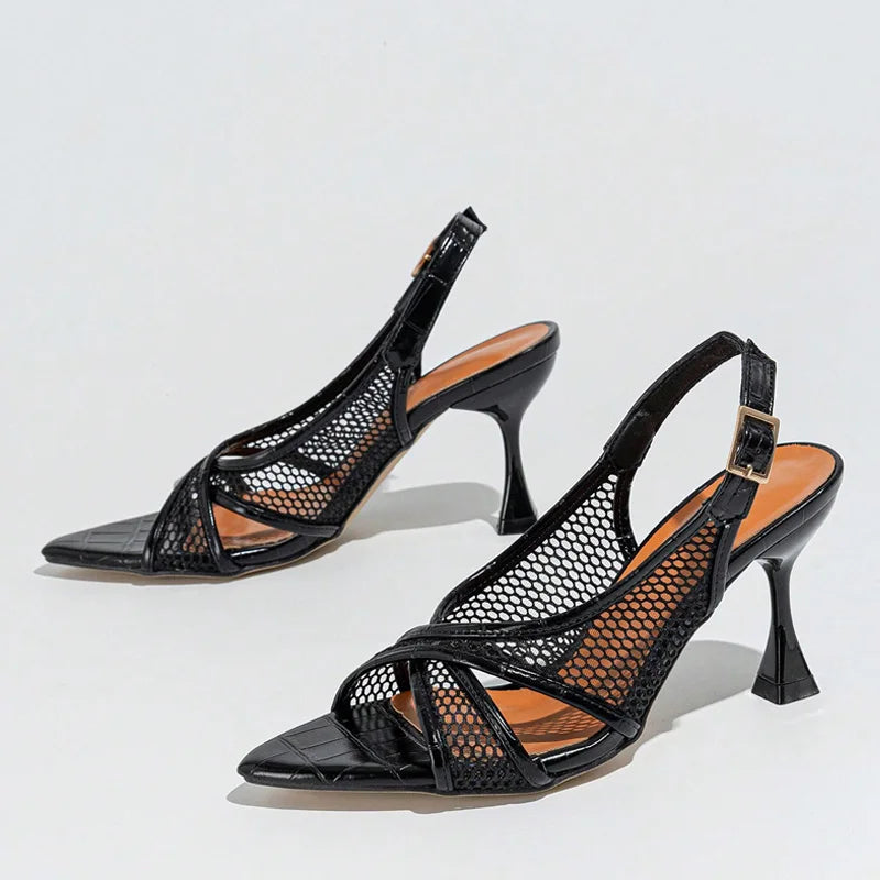 Black Women Designer Mesh Pointed Open Toe Slingback Sandals Beach Casual Gladiator High Heels Back Buckle Strap Shoes - EUFASHIONBAGS