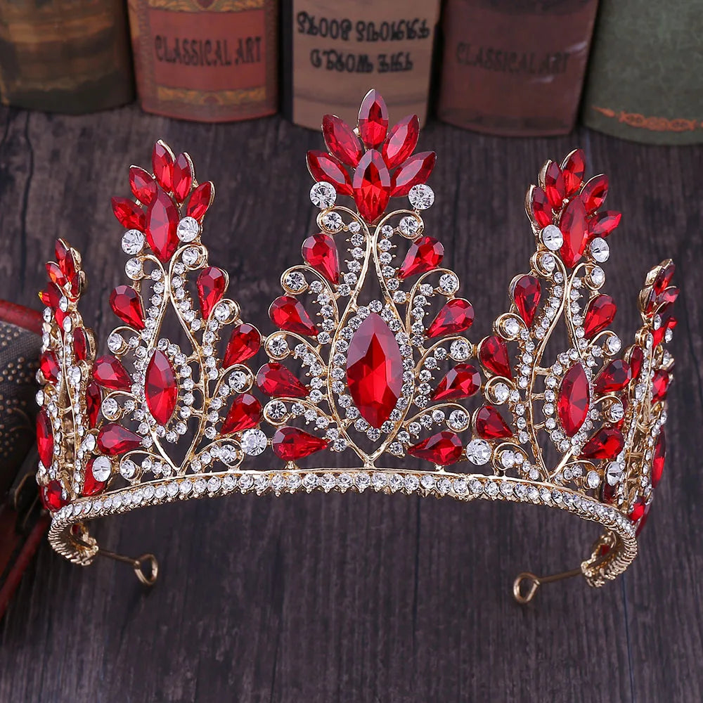 Baroque Gold Color Red Crystal Bridal Tiaras Crowns Rhinestone Pageant Diadem Women Headpieces Wedding Hair Accessories Jewelry