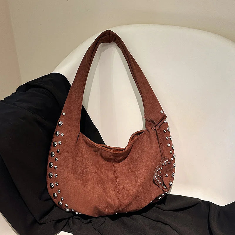 Women's Shoulder Bag European and American Style Rivet Handbag Suede Retro Half Moon Soft Armpit Bag - EUFASHIONBAGS