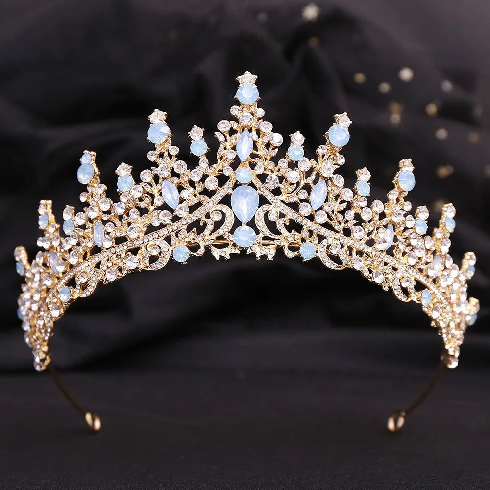 Silver Color Blue Opal Wedding Crown Princess Headdress Crystal Bridal Tiaras Rhinestone Diadem Wedding Hair Jewelry Accessories - EUFASHIONBAGS