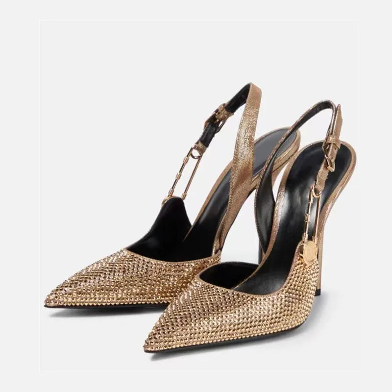 Luxury Rhinestones Sequined Buckle Women Pumps Elegant Pointed toe Slingbacks Stiletto High heels Spring Summer Fashion Shoes - EUFASHIONBAGS