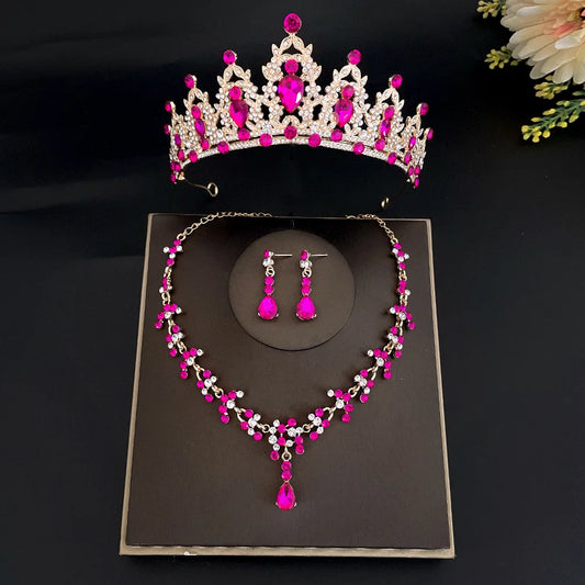 Fashion Crystal Tiaras Crowns Bride Wedding Jewelry Set Rhinestone Crown Necklace Earring For Women Accessories Diadem Headdress - EUFASHIONBAGS