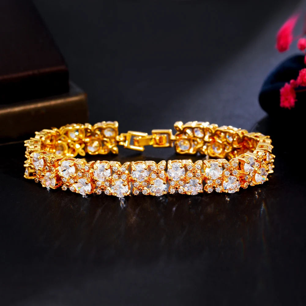 Royal Blue Cubic Zirconia Round Shape Gold Plated Big Luxury Engagement Bridal Wedding Bracelet for Women - EUFASHIONBAGS