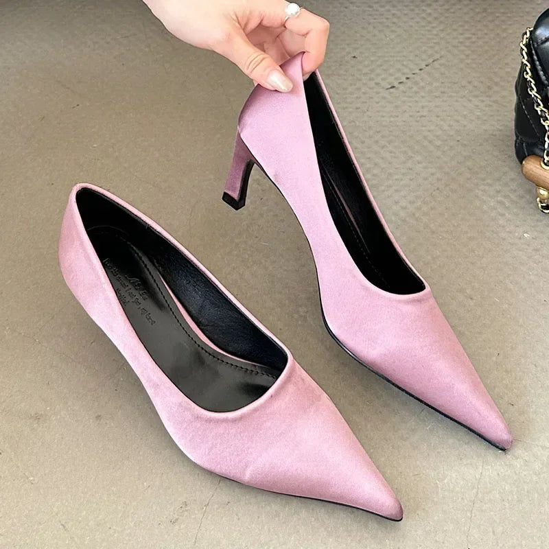 Silk Luxury High Heel Dress Shoes Women Shallow Pointed Toe Low Heel Office Shoes Comfy Footwear Women Zapatos De Mujer