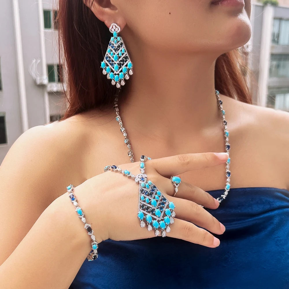 4pcs Elegant Blue Cubic Zirconia Dangling Drop Tassel Long Necklace Women Wedding Party Dubai Bridal Jewelry Set - EUFASHIONBAGS