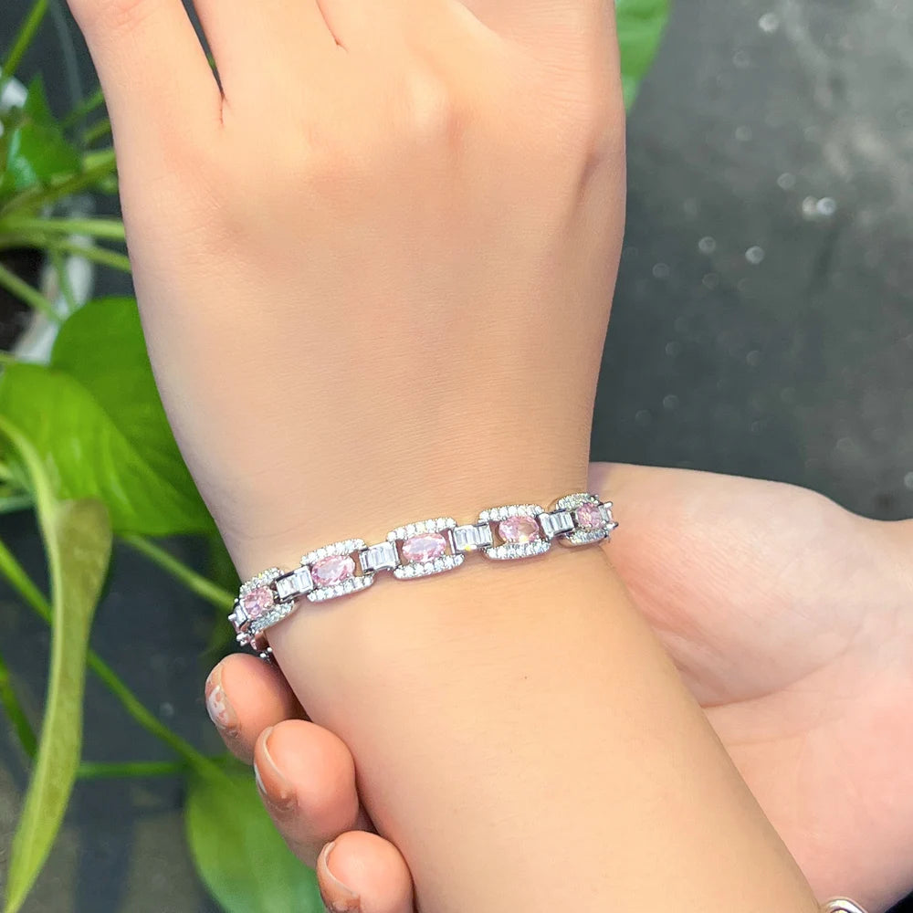 5A Quality Pink Cubic Zirconia Chic Luxury Cuban Chain Link Bracelets for Women CZ Party Engagement Jewelry - EUFASHIONBAGS