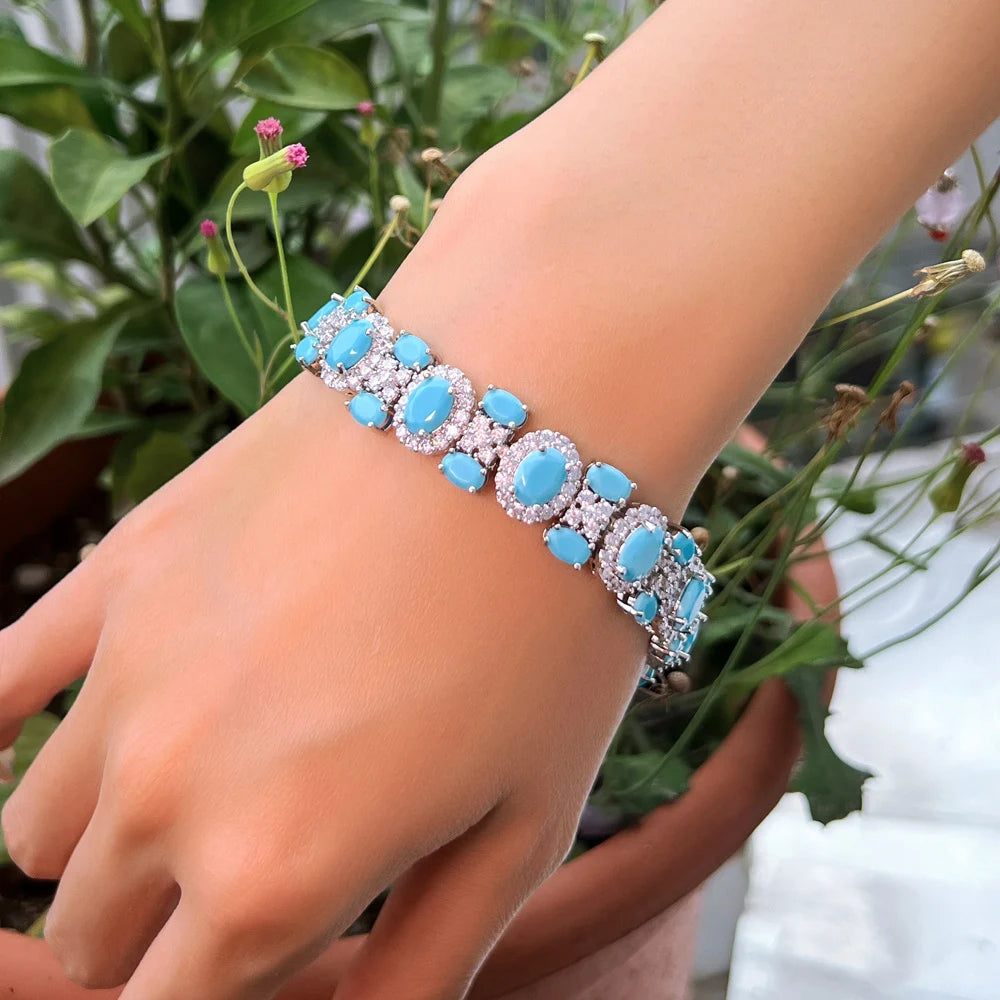 Luxury Chunky Cubic Zirconia and Blue Turquoise Pave Women Daily Party Engagement Wedding Bracelet Jewelry Gift - EUFASHIONBAGS