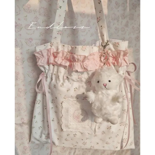 Fairycore Floral White Shoulder Bags Women Sweet Cute Drawstring Canvas Tote Bag Aesthetic Handbag Y2k