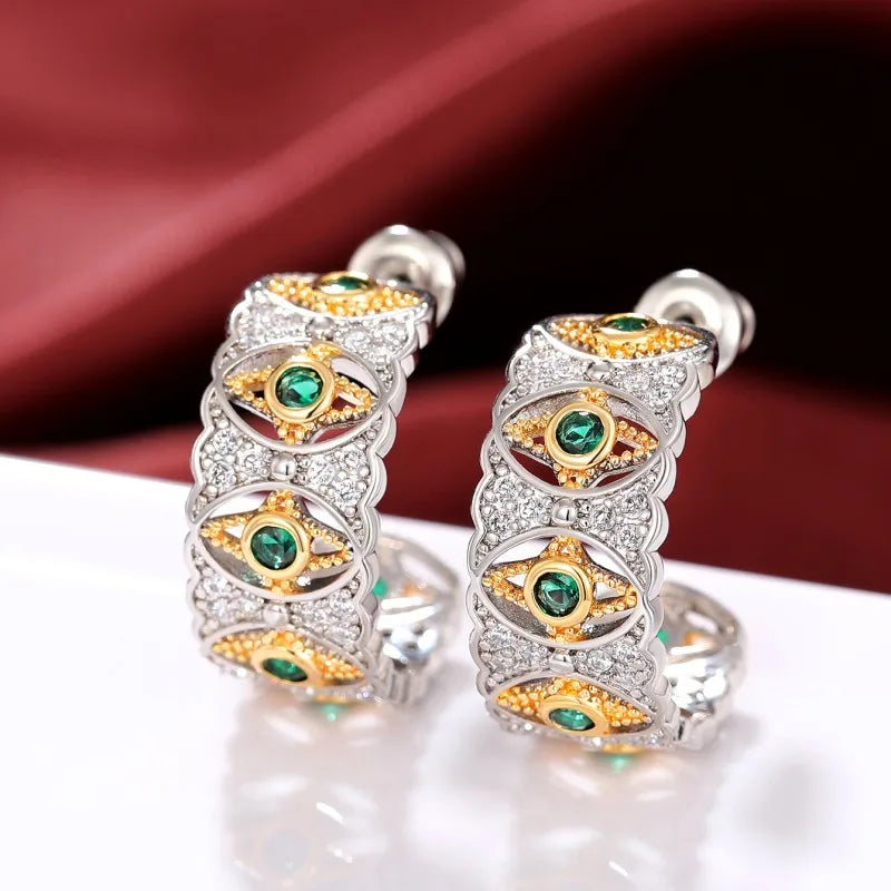 Two Tone Hoop Earrings with Green/White CZ Luxury Trendy Women Ear Accessories Wedding Party Unique Design Jewelry New - EUFASHIONBAGS