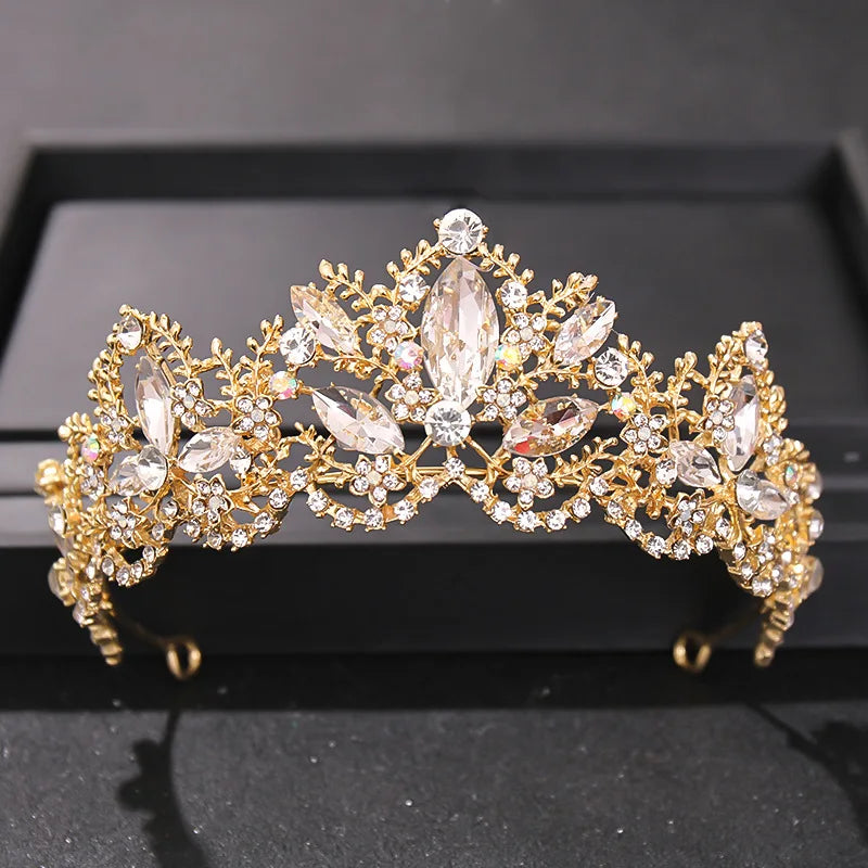 Baroque Korean Gold Color Crystal Crown Hair Accessories Luxury Rhinestone Tiara For Women Wedding Headdress Bridal Hair Jewelry