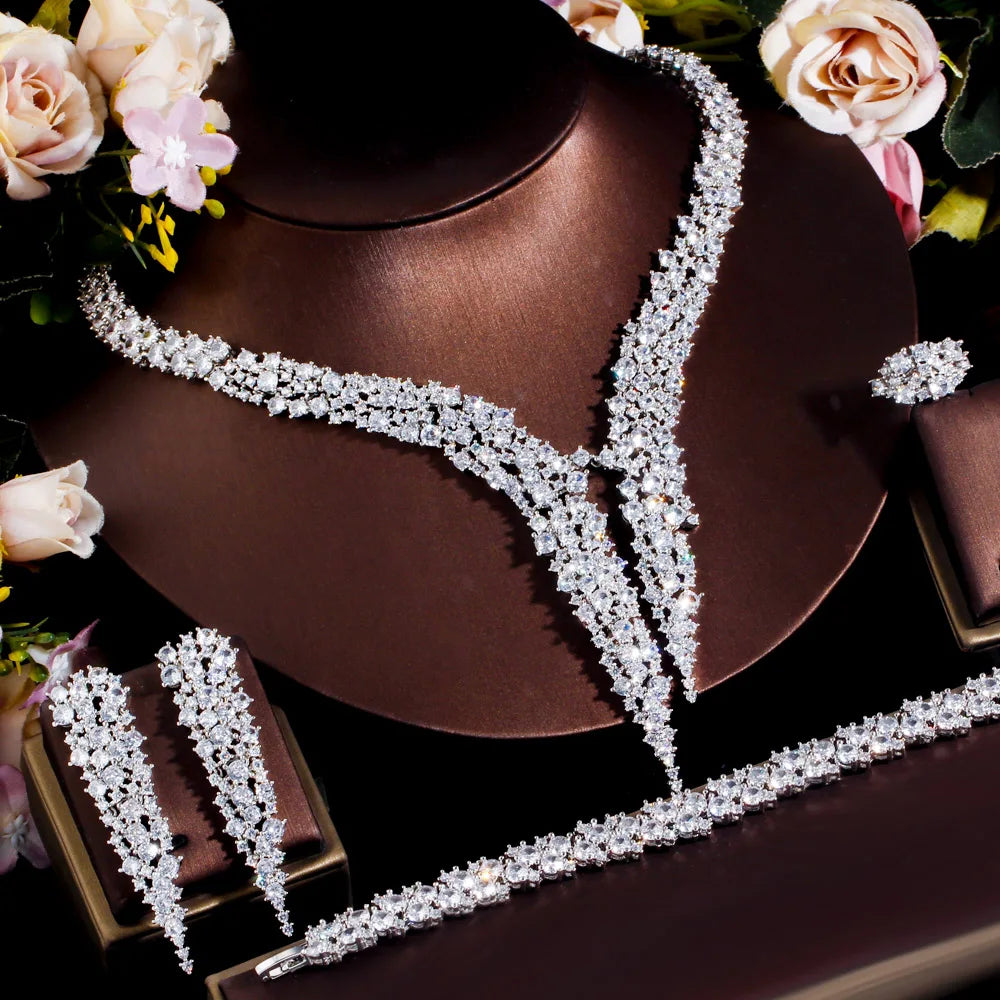 4Pcs Brilliant Dubai CZ Heave Stone Work Big Luxury Dinner Party Wedding Bridal Costume Jewelry Sets for Women - EUFASHIONBAGS