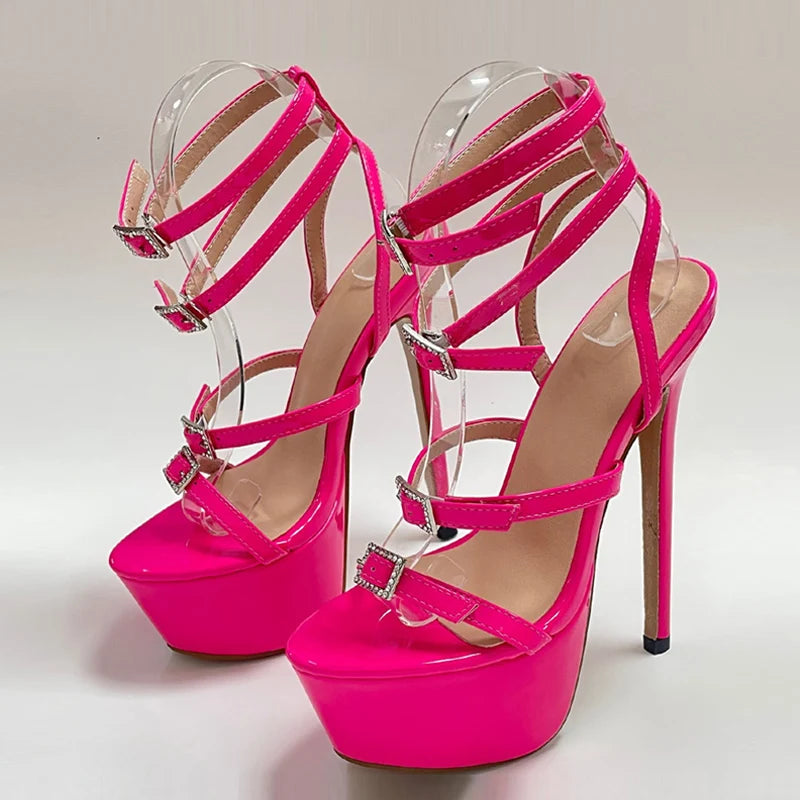 wRunway Style Sexy High Heels Platform Sandals For Women Fashion Open Toe Crystal Buckle Stiletto Wedding Stripper Shoes