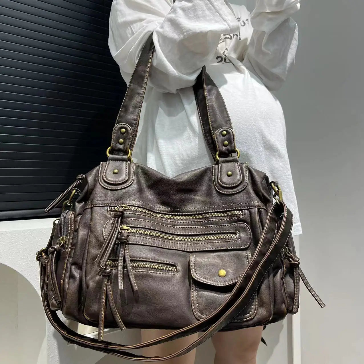 Y2K Hot Girl Single Shoulder Crossbody Bag Vintage Washed Leather Motorcycle Bag Large Multi Pocket Bag - EUFASHIONBAGS