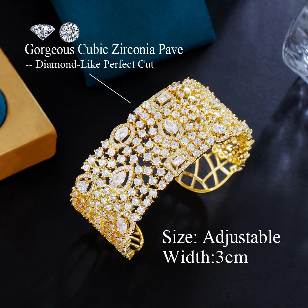 Luxury Statement Chunky Cubic Zirconia Pave Wide Big Bridal Wedding Cuff Bangles for Women Dubai Gold Color - EUFASHIONBAGS