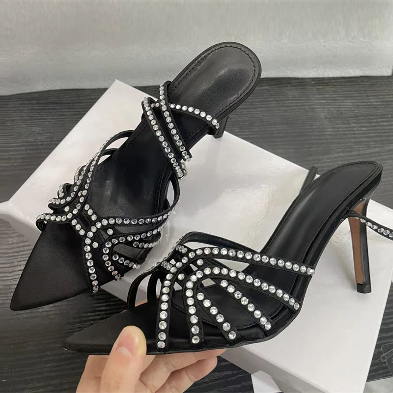 Fashion Sequined Crystal Women Sandals Pointed Open Toe Gladiator High Heels Party Dress Shoes Sandalias Mujer