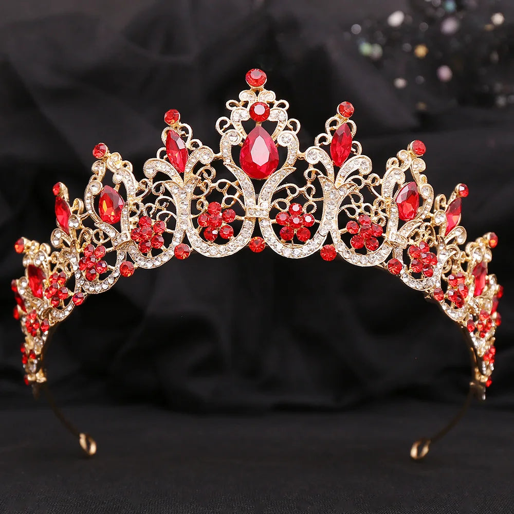 Baroque Gold Color Red Crystal Bridal Tiaras Crowns Rhinestone Pageant Diadem Women Headpieces Wedding Hair Accessories Jewelry